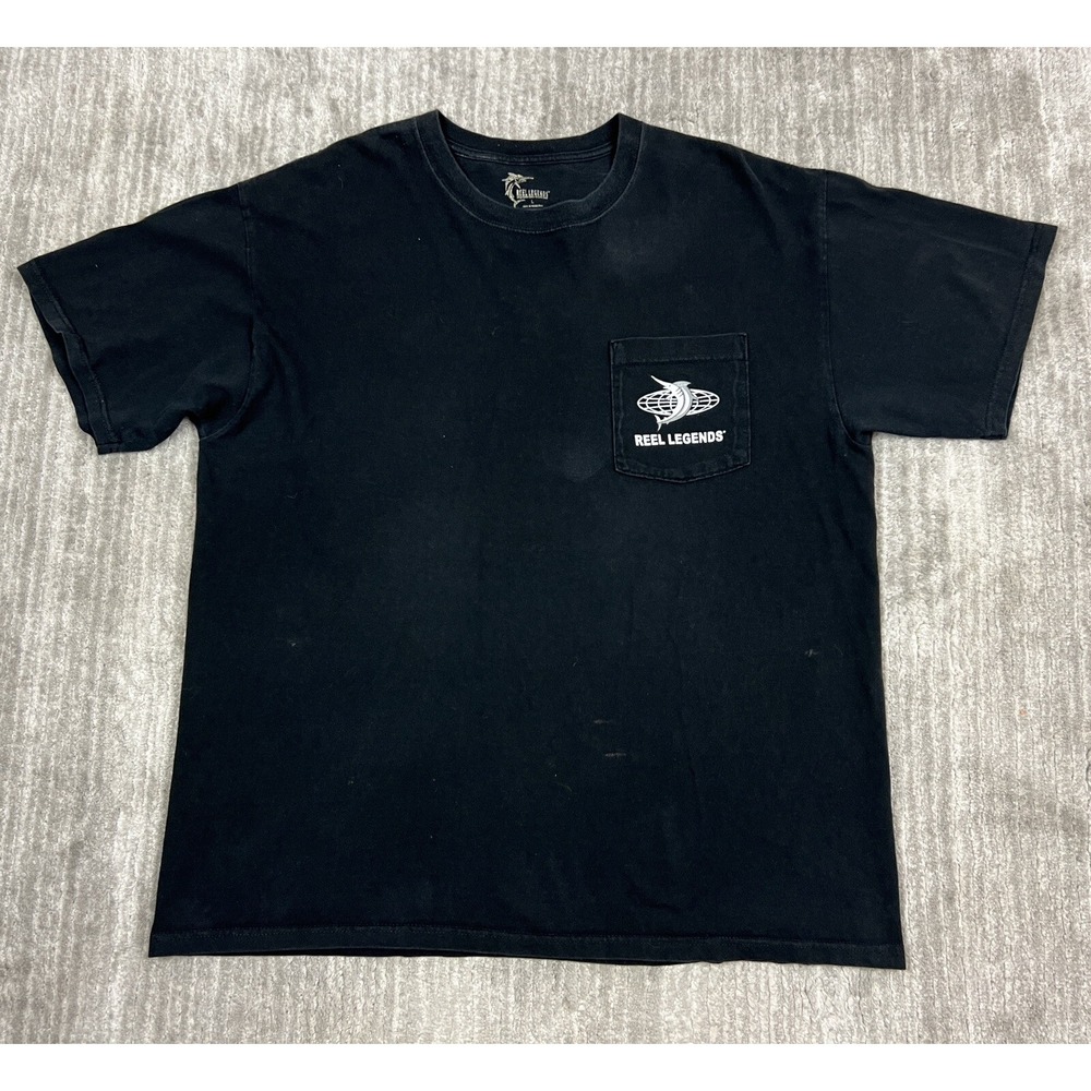 Reel Legends T-Shirt Men Large Black Spotted Seatrout Fishing Graphic Pocket Tee